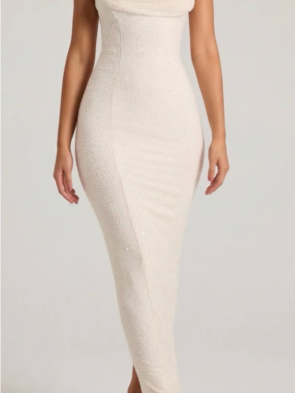 Oh Polly Strapless Cream Textured Midi Dress